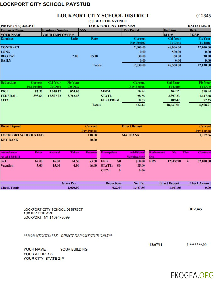 Modèle Word et PDF de bulletin de paie de l'école de Lockport City